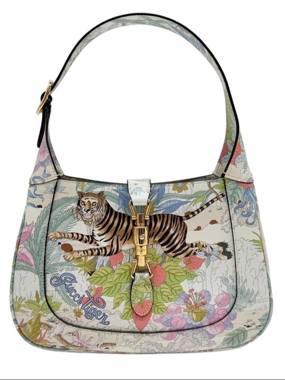 Gucci White Floral Tiger Shoulder Bag with Gold Hardware